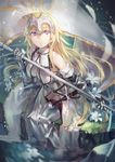  armor armored_boots azomo bare_shoulders belt boots chain cowter fate/apocrypha fate_(series) feathers gauntlets grey_footwear highres jeanne_d'arc_(fate) jeanne_d'arc_(fate)_(all) long_hair looking_up metal_boots purple_eyes sitting solo standard_bearer thigh_boots thighhighs very_long_hair water weapon wet 