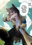  1girl animal_ears armband asymmetrical_shirt belt black_belt black_boots black_gloves black_hair black_pants blue_armband blue_sky boots brown_eyes cloud cloudy_sky coat commentary ear_covers english_commentary english_text fisheye foreshortening gloves green_coat grin hair_between_eyes hand_on_own_knee highres horse_ears horse_girl horseshoe lens_flare looking_at_viewer looking_down mas_taado multicolored_hair open_clothes open_coat open_mouth pants perspective shirt signature sky smile solo speech_bubble stay_gold_(sunlit_outsider)_(umamusume) stay_gold_(umamusume) sweat talking torn_clothes torn_coat umamusume white_hair white_shirt wiping_sweat 