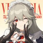  1girl ;) alexandrina_sebastiane black_gloves commentary_request four-finger_heart_hands gloves grey_hair heart heart_hands highres looking_at_viewer maid maid_headdress one_eye_closed partially_fingerless_gloves ranshangchen red_eyes simple_background smile solo upper_body yellow_background zenless_zone_zero 