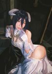  absurdres albedo black_hair breasts cleavage dress finger_to_face gloves highres horns kyouki_(10203591) lipstick long_hair looking_at_viewer makeup medium_breasts overlord_(maruyama) parted_lips realistic sitting solo 