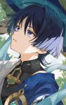  1boy absurdres anemo_symbol_(genshin_impact) aqua_gem bishounen black_bodysuit black_hair blue_cape blue_hat blue_jingasa blunt_ends bodysuit canopy_(forest) cape colored_inner_hair commentary_request covered_collarbone eyelashes eyeliner gem genshin_impact gold gold_ring grey_hair hair_intakes hand_up hat highres japanese_clothes jingasa kimono looking_up makeup male_focus mandarin_collar middle_ring multicolored_hair open_clothes open_kimono outdoors parted_lips portrait purple_eyes red_eyeliner saekiya_sabou scaramouche_(genshin_impact) shoulder_peek side_cape solo tilted_headwear tsurime twitter_username vision_(genshin_impact) wanderer_(genshin_impact) white_kimono white_mouth white_trim wispy_bangs 