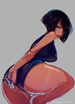  adjusting_clothes adjusting_swimsuit aqua_eyes ass black_hair black_swimsuit breasts d-ryuu dark_skin eliza_(skullgirls) hair_over_one_eye half-closed_eyes large_breasts lips one-piece_swimsuit one_eye_closed short_hair skullgirls solo swimsuit thick_thighs thighs wet 