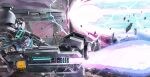  2girls aris_(blue_archive) blue_archive blue_eyes blue_hair blue_hairband blue_halo blue_necktie collared_shirt commentary_request debris energy_beam energy_cannon exocet_(exocet4) exoskeleton firing floating_hair from_side gun hairband halo head-mounted_display highres holding holding_gun holding_weapon jacket leotard long_hair looking_ahead mecha multiple_girls necktie robot rotary_cannon shirt toki_(abi-eshuh)_(blue_archive) toki_(blue_archive) weapon white_jacket white_shirt 