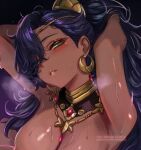  1girl armpits arms_up blue_hair blush breasts circlet cleavage commentary crescent crescent_earrings cropped dark-skinned_female dark_skin earrings english_commentary fire_emblem fire_emblem:_fortune's_weave gold_choker gold_earrings green_eyes high_ponytail jewelry large_breasts leda_(fire_emblem) leonmandala looking_at_viewer paid_reward_available parted_lips ponytail solo sweat wavy_hair wet 