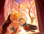  1boy 1girl arms_around_another's_back bare_shoulders belt blonde_hair blue_eyes blue_pants blue_vest blue_wrist_cuffs breasts bridal_gauntlets brown_belt brown_hair cat_tail cloud cloudy_sky commentary_request crystal curtains detached_sleeves dress final_fantasy final_fantasy_ix garnet_til_alexandros_xvii gloves grey_gloves hair_between_eyes highres hug jewelry long_hair low_ponytail medium_breasts medium_hair mochimochi_daifuku official_alternate_costume pants pendant ponytail sideboob sky strapless strapless_dress tail twitter_username upper_body vest white_sleeves window wrist_cuffs zidane_tribal 