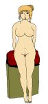  1990s_(style) 1girl barefoot blonde_hair breasts completely_nude faux_retro_artstyle female_pubic_hair full_body hair_bun hot large_breasts non-web_source nude off-topic original pubic_hair r1ptydoesart retro_artstyle self-upload simple_background solo 