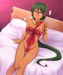  bdsm bed blush bondage bound breasts commentary_request dark_skin genderswap genderswap_(mtf) green_hair heavy_breathing highres league_of_legends long_hair medium_breasts naked_ribbon nam_(valckiry) open_mouth ponytail red_ribbon renekton ribbon ribbon_bondage sitting solo sweat trembling unwrap_me_body_bow yellow_eyes 