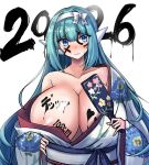  1girl 2026 android aqua_hair areola_slip blue_eyes blue_hair blush body_writing breasts cleavage closed_mouth collarbone commentary_request facepaint floral_print floral_print_kimono generic_ooban_yaki hagoita hairband hanetsuki highres holding huge_breasts ink japanese_clothes kimono long_hair looking_at_viewer nose_blush original paddle print_kimono robot_ears sash simple_background solo tears very_long_hair wavy_mouth white_background white_hairband white_kimono y-0_(generic_ooban_yaki) 