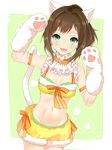  :3 animal_ears armband bad_id bad_pixiv_id bow brown_hair cat_ears cat_tail choker commentary_request fang gloves green_eyes highres idolmaster idolmaster_cinderella_girls maekawa_miku midriff navel paw_gloves paw_pose paws peronyan shorts solo stomach tail 