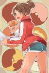  1girl artist_request asahina_aoi ass blue_eyes brown_hair danganronpa dark_skin doughnut food hair_ornament short_shorts shorts sportswear 