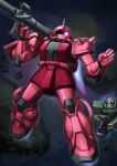  absurdres army asteroid bazooka_(gundam) cable commentary_request debris gun gundam highres holding holding_gun holding_weapon machine_gun matsumoto_(ma_tsuya) mecha mecha_focus mobile_suit mobile_suit_gundam nebula no_humans one-eyed_mecha pink_eyes radio_antenna robot scene_reference science_fiction scope shield space star_(sky) thrusters weapon zaku_ii zaku_ii_s_char_custom zeon zero_gravity 