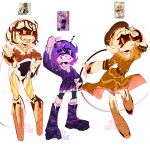  1boy 2girls absurdres black_hat black_jacket commentary english_commentary food hat highres humanoid_robot ice_cream jacket looking_at_viewer mechanical_arms multiple_girls murder_drones n_(murder_drones) open_mouth parfait purple_eyes purple_hair reference_inset robot sd_annii short_hair short_sleeves simple_background smile uzi_(murder_drones) v_(murder_drones) yellow_eyes 
