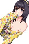  black_eyes black_hair breasts cleavage dutch_angle eyebrows_visible_through_hair highres japanese_clothes kimono long_hair matsunaga_kouyou medium_breasts obi off_shoulder original sash solo yellow_kimono yukata 