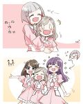  0_0 4girls 6th_live_dream_~bloom_garden_party~ :d ^^^ arrow_(symbol) bloom_the_smile_bloom_the_dream! bob_cut brown_hair ceras_yanagida_lilienfeld chibi chibi_inset commentary_request dress family_tree fujishima_megumi grey_hair hair_ornament hasu_no_daisankaku highres hug hug_from_behind inverted_bob jacket kachimachi_kosuzu kanduki_kamibukuro long_hair love_live! love_live!_hasu_no_sora_jogakuin_school_idol_club multicolored_hair multiple_girls murano_sayaka open_clothes open_jacket open_mouth otomune_kozue pink_dress pink_jacket puffy_short_sleeves puffy_sleeves purple_eyes purple_hair red_streaks short-sleeved_jacket short_hair short_sleeves smile sparkle star_(symbol) star_hair_ornament streaked_hair virtual_youtuber yugiri_tsuzuri 