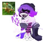  1girl absurdres beanie black_hat black_jacket boots commentary english_commentary hat highres humanoid_robot jacket looking_at_viewer mechanical_arms murder_drones open_mouth purple_eyes purple_hair red-eyed_tree_frog reference_inset robot sd_annii shirt short_hair short_sleeves simple_background smile uzi_(murder_drones) 