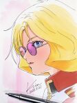  1girl 2025 absurdres artist_name bespectacled blonde_hair blue_eyes collared_jacket commentary_request dated earth_federation earth_federation_space_forces from_side glasses gundam highres jacket kobakin looking_at_viewer medium_hair military_rank_insignia military_uniform mobile_suit_gundam open_mouth pink_jacket profile purple-tinted_eyewear round_eyewear sayla_mass science_fiction shiny_lips shoulder_boards signature soldier solo tinted_eyewear upper_body 