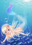  :d air_bubble animal bare_shoulders bikini bikini_top blonde_hair blue_bikini blue_eyes blush breasts bubble cleavage collarbone dark_skin eyebrows eyebrows_visible_through_hair fins fish floating_hair flower fujii_tatsuya hair_flower hair_ornament hibiscus jewelry kantai_collection light_rays long_hair mermaid monster_girl monsterification open_mouth outdoors outstretched_arms pendant ro-500_(kantai_collection) scales shell shell_bikini silhouette small_breasts smile solo sunlight swimsuit tail_fin tan tareme underwater very_long_hair water 
