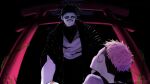  2boys black_hair brothers choso_(jujutsu_kaisen) commentary_request facial_mark highres itadori_yuji jujutsu_kaisen male_focus multiple_boys pink_hair robe short_hair short_twintails siblings solo_focus torii twintails ujimaru_0911 