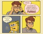  2boys aged_up blue_eyes brown_hair buck_teeth english_text glasses highres izzy_(izbubbles) jimmy_neutron jimmy_neutron_(series) looking_at_viewer male_focus multiple_boys panties shirt short_hair simple_background spongebob_squarepants spongebob_squarepants_(series) teeth underwear white_panties 