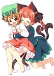  :d ^_^ animal_ears artist_name barefoot brown_eyes brown_hair cat_ears cat_tail chen closed_eyes commentary_request dress fang hug hug_from_behind kaenbyou_rin long_sleeves multiple_girls multiple_tails nekomata open_mouth pila-pela red_dress short_hair smile tail touhou two_tails 
