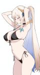  1girl absurdres arms_behind_head arms_up bikini black_bikini black_choker blonde_hair breasts choker closed_eyes colored_inner_hair colored_tips commentary commission crescent crescent_earrings earrings front-tie_bikini_top front-tie_top hair_ornament hair_ribbon highres hikanari_hina hikkio jewelry large_breasts long_hair multicolored_hair navel o-ring o-ring_bikini phase_connect ribbon second-party_source side-tie_bikini_bottom sitting solo swimsuit virtual_youtuber wing_hair_ornament 