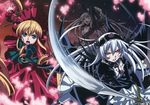  absurdres angry artist_request battle black_wings doll feathered_wings gothic_lolita hairband highres lolita_fashion lolita_hairband long_hair multiple_girls official_art open_mouth pink_eyes rozen_maiden scan shinku silver_hair suigintou sword weapon wings 