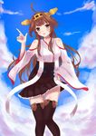  ahoge bare_shoulders boots brown_hair cloud day detached_sleeves double_bun hairband hand_on_hip harami headgear highres japanese_clothes kantai_collection kongou_(kantai_collection) long_hair nontraditional_miko ribbon-trimmed_sleeves ribbon_trim sky solo thigh_boots thighhighs zettai_ryouiki 