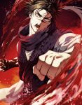  1boy black_hair blood brown_eyes choso_(jujutsu_kaisen) commentary_request facial_mark hemokinesis highres japanese_clothes jujutsu_kaisen open_mouth renonorakugaki short_hair solo 
