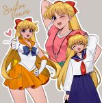  1girl :d ;d aino_minako arm_behind_head arm_up bishoujo_senshi_sailor_moon blonde_hair blue_bow blue_eyes blue_sailor_collar blue_skirt blush bow breast_pocket breasts character_name closed_eyes collarbone commentary elbow_gloves english_commentary eyelashes gloves grey_background hair_bow hand_on_own_hip heart highres holding jewelry long_hair long_skirt long_sleeves magical_girl multiple_views neckerchief necklace one_eye_closed open_mouth orange_sailor_collar orange_skirt outline pink_shirt pocket red_bow red_neckerchief sailor_collar sailor_venus school_uniform serafuku shirt short_sleeves simple_background skirt smile sunnypoppy teeth upper_teeth_only white_gloves white_outline white_shirt 