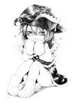  blush flying_sweatdrops greyscale harusame_(unmei_no_ikasumi) hat highres long_sleeves looking_at_viewer lunasa_prismriver monochrome shirt sitting skirt skirt_set sleeves_past_wrists solo tears touhou trembling vest wavy_hair 