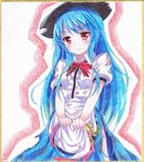  blue_hair bow graphite_(medium) hat hinanawi_tenshi kittona long_hair millipen_(medium) pout puffy_short_sleeves puffy_sleeves red_eyes shikishi shirt short_sleeves skirt solo tears torn_clothes torn_shirt torn_skirt torn_sleeves touhou traditional_media very_long_hair watercolor_pencil_(medium) 