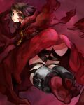  1girl ass bad_id bad_pixiv_id bell brown_hair chain cheek_tattoo cloak closed_mouth curse_maker curse_maker_4 from_behind hood hood_down hooded_cloak leg_wrap looking_at_viewer medallion neck_bell orange_eyes red_cloak red_socks red_tattoo sekaiju_no_meikyuu sekaiju_no_meikyuu_1 short_hair socks solo tachi_(mogurazero) tattoo 