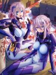  2girls absurdres arm_guards arm_rest armor armored_bodysuit artist_name black_gloves blood_on_object blue_eyes bodysuit breasts chin_guard closed_mouth commentary_request commission covered_navel crossed_bangs dated double-parted_bangs drink_carton drinking_straw fortified_suit gloves gorget grey_hair hair_between_eyes hair_ribbon hand_on_own_thigh hand_up headgear highres holding holding_drink_carton impossible_bodysuit impossible_clothes long_sidelocks looking_at_viewer low_ponytail mecha_pilot_suit medium_breasts medium_hair multiple_girls muv-luv muv-luv_alternative open_mouth outdoors pauldrons ponytail red_ribbon ribbon saran_wrap_(sf_seijin) science_fiction shoulder_armor siblings sidelocks signature single_pauldron sisters sitting skeb_commission smile upper_body 