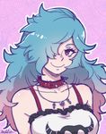  akairiot alternate_hairstyle artist_name bare_shoulders blue_hair breasts choker cleavage closed_mouth collar collarbone fire_emblem fire_emblem_if gradient_hair hair_over_one_eye jewelry long_hair looking_at_viewer medium_breasts multicolored_hair necklace pendant pieri_(fire_emblem_if) pink_background pink_hair shirt simple_background skull_necklace skull_print sleeveless sleeveless_shirt smile solo spiked_collar spikes sword_necklace tsurime upper_body white_shirt 
