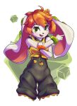  1girl black_jumpsuit black_nose chinese_knot commentary cube dog_girl floppy_ears freedom_planet freedom_planet_2 furry furry_female green_eyes highres jumpsuit milla_basset orange_hair romper short_hair silshadnic sleeveless_jumpsuit white_fur 