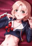 1girl blonde_hair blue_sailor_collar blue_shirt breasts commentary_request flower french_text green_eyes highres kantai_collection lying midriff mole mole_under_eye multicolored_ribbon owada_(kousonhuchi) red_flower ribbon sailor_collar sailor_shirt shirt short_hair small_breasts solo translation_request upper_body vautour_(kancolle) 