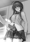  1girl absurdres blazer blush bow bowtie commentary_request cowboy_shot diagonal-striped_bow diagonal-striped_bowtie diagonal-striped_clothes greyscale highres hitachi_magic_wand jacket kanojo_ja_nai_no_ni long_sleeves monochrome open_mouth oryo_(oryo04) plaid_clothes plaid_skirt pleated_skirt school_uniform second-party_source sex_toy sidelocks skirt solo_focus striped_bow striped_bowtie striped_clothes towada_utaha uncommon_stimulation vibrator womb_massage 