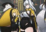  1boy 3girls animal_ear_fluff animal_ears arutemisu180 bear_boy black_gloves black_unitard breasts brown_hair chinese_clothes closed_eyes closed_mouth commentary covered_navel dress elbow_gloves english_commentary furry furry_male game_screenshot_background gloves grey_hair hair_between_eyes high-waist_shorts jacket ju_fufu large_breasts long_hair looking_at_another mole mole_on_breast multiple_girls pan_yinhu panda_boy panda_ears pregnant qipao screenshot_background shorts striped_hair tail tiger_ears tiger_girl tiger_tail white_dress ye_shunguang yellow_jacket yixuan_(zenless_zone_zero) zenless_zone_zero 