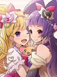  ;d asahina_mirai bear black_hat blonde_hair bow cure_magical cure_miracle earrings hair_bow hairband half_updo hat izayoi_liko jewelry kyantama_land long_hair looking_at_viewer mahou_girls_precure! mini_hat mini_witch_hat mofurun_(mahou_girls_precure!) multiple_girls one_eye_closed open_mouth pink_bow pink_eyes pink_hat ponytail precure purple_eyes smile upper_body white_background witch_hat 