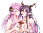  bandaged_arm bandages bcorgi blue_eyes blush breast_press breasts chocolate chocolate_on_breasts danua demon_horns draph granblue_fantasy hair_between_eyes hair_over_one_eye horn_ornament horns large_breasts lavender_hair long_hair looking_at_viewer multiple_girls narmaya_(granblue_fantasy) nude open_mouth pointy_ears purple_hair red_eyes simple_background smile symmetrical_docking tongue tongue_out upper_body 