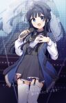  1girl :d beret black_hair black_necktie black_skirt blue_coat blue_eyes blue_hat coat commentary_request commission concert cosplay cowboy_shot garter_straps hat highres holding holding_microphone idolmaster idolmaster_million_live! long_hair long_sleeves microphone mitsukasa_ayase mitsukasa_ayase_(cosplay) mogami_shizuka necktie nnnn open_clothes open_coat open_mouth riddle_joker shirt skeb_commission skirt smile solo stage standing thighhighs translation_request white_shirt white_thighhighs 