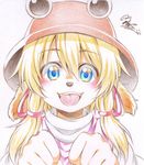  animal_ears bad_id bad_pixiv_id blonde_hair blue_eyes blush crayon_(medium) eyes furrification furry hat highres long_hair looking_at_viewer moriya_suwako nora_wanko signature simple_background snout solo tongue tongue_out touhou traditional_media 