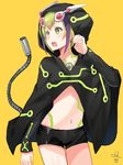  2012 android bad_id bad_pixiv_id bike_shorts black_hair cable cape cloak cowboy_shot dated dimension_w green_eyes green_hair headgear hood hooded_cloak hoodie kenkaizar looking_to_the_side multicolored_hair navel open_mouth orange_background plug short_hair shorts signature solo standing streaked_hair tail tattoo two-tone_hair yellow_background yurizaki_mira 