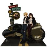  1boy 1girl alternate_costume artist_logo artist_name azezazel belt belt_buckle black_boots black_choker black_hair black_jacket black_pants blonde_hair blue_eyes boots breasts buckle choker cleavage closed_mouth cloud_strife commentary couple cross-laced_clothes cross-laced_top denim english_commentary fenrir_(vehicle) final_fantasy final_fantasy_vii final_fantasy_vii:_advent_children full_body hand_on_another's_waist hetero highres jacket jeans large_breasts leather leather_jacket leather_pants logo long_hair long_sleeves motor_vehicle motorcycle navel open_clothes open_jacket pants red_eyes road_sign shirt short_hair sign signature smile spiked_hair tifa_lockhart torn_clothes torn_jeans torn_pants twitter_username white_background white_shirt 