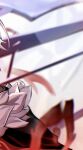  1boy ahoge alyosha_(genshin_impact) aura black_cape cape chromatic_aberration commentary_request dark_aura fur-trimmed_cape fur_trim genshin_impact grey_hair highres hood hooded_cape male_focus ronova_(genshin_impact) short_hair social_media_composition solo ta_l280 upper_body 