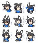  animal_ears black_gloves black_hair blue_scarf blush commentary_request expressions fox_ears ganesagi gloves jacket long_sleeves looking_at_viewer multiple_views nanashi_(ganesagi) open_mouth original scarf short_hair smile sweat translated upper_body yellow_eyes 