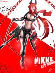  1girl artist_name between_breasts bikini black_gloves black_hiphighs black_shrug boots breasts chain character_name cleavage closed_eyes clothing_cutout commentary copyright_name crotch_plate curvy daichi_chii english_commentary english_text facing_viewer fingerless_gloves floating_hair full_body glint gloves goddess_of_victory:_nikke grin gun gun_sling hair_between_eyes hands_up high_heels highres hip_vent hiphighs holding holding_strap horns huge_breasts latex latex_bikini leather leather_pants leg_cutout logo long_hair long_hair_between_eyes magazine_(weapon) mechanical_horns navel no_jacket outstretched_arm pants reaching reaching_towards_viewer red_background red_hair red_hood_(nikke) red_scarf rifle scarf scope shiny_clothes shiny_skin shrug_(clothing) signature smile sniper_rifle solo splatter_background standing stomach strap_between_breasts swimsuit thigh_boots thigh_strap twitter_username two-tone_background v v-shaped_eyebrows very_long_hair weapon weapon_strap white_background wide_hips 