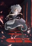  1girl absurdres apron between_fingers black_pantyhose blue_skirt blue_vest bow braid broken_glass brown_shoes commentary frills glass green_bow grey_hair hair_bow highres holding holding_knife indoors izayoi_sakuya knife knives_between_fingers leg_up long_hair looking_at_viewer maid maid_headdress pantyhose puffy_short_sleeves puffy_sleeves red_eyes shirt shoes short_sleeves skirt solo suika_(pixiv_26385835) touhou twin_braids vest waist_apron white_apron white_shirt window 