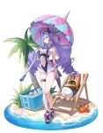  1girl absurdres ahoge arm_behind_back bangboo_(zenless_zone_zero) bare_shoulders bow breasts bug butterfly chair closed_mouth clothing_cutout commentary cooler crab crossed_legs drill_hair eous_(zenless_zone_zero) full_body garter_belt hair_bow hair_over_breasts hand_up heart heart_cutout high_heel_sandals high_heels highres holding holding_umbrella ice kimhgaju_(gase) long_hair looking_at_viewer nail_polish navel on_chair one-piece_swimsuit one_eye_closed pale_skin palm_tree pink_bow pink_eyes plant pointy_ears purple_bow purple_hair purple_nails sand sandals scarf seashell shell soda standing stomach_cutout swimsuit tree twin_drills umbrella untranslatable_commentary vivian_banshee vivian_banshee_(iris_of_the_shore) water white_background zenless_zone_zero 
