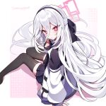  1girl black_hairband black_thighhighs blue_archive blue_necktie blush commentary double-parted_bangs hair_between_eyes hairband halo highres jacket kei_(blue_archive) kei_(student)_(blue_archive) long_hair long_hair_between_eyes long_sleeves looking_at_viewer miniskirt necktie pink_eyes pink_halo pleated_skirt rectangular_halo ringed_eyes samon_(vxxr8575) shirt signature skirt solo thighhighs very_long_hair white_hair white_jacket white_shirt 